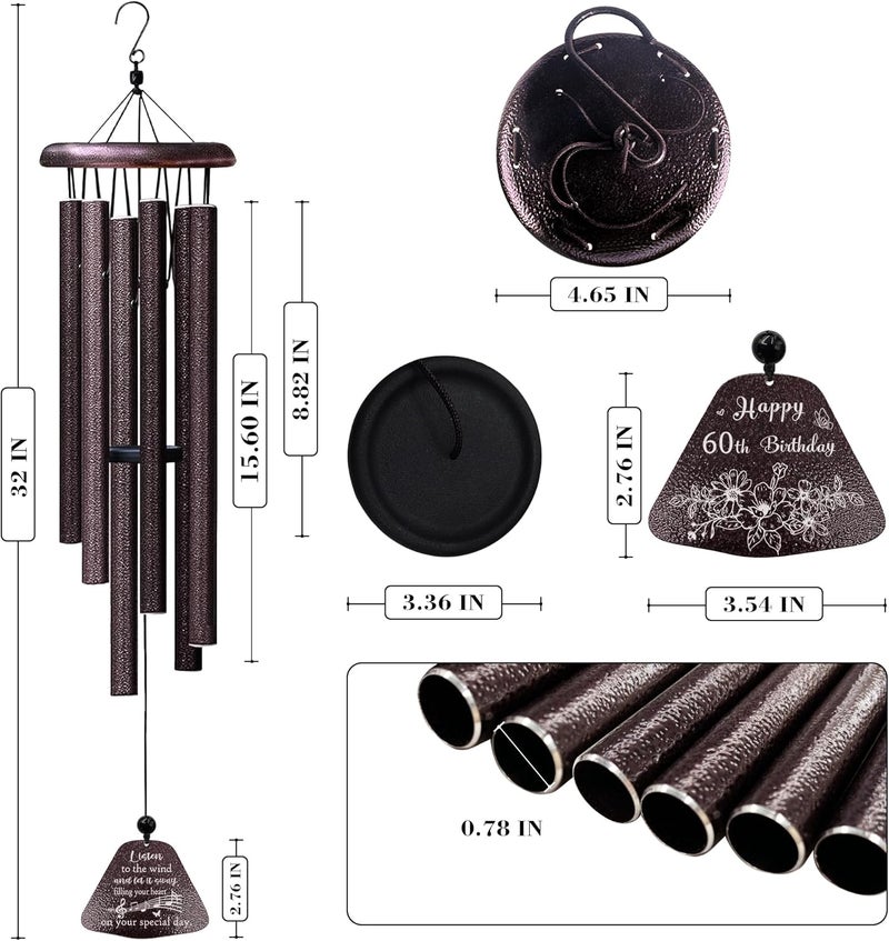 Yesruby 60th Birthday Gifts for Women Men, 60th Birthday Decorations 32” Wind Chimes Outside, 1966/60 Year Old Bday Gift for Women Men - Image 3